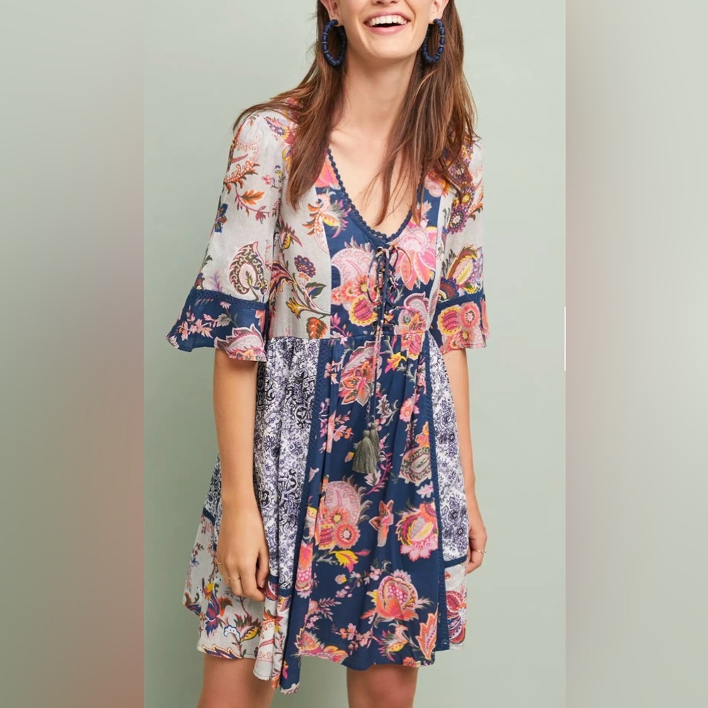 Lilka Anthropologie Dress Womens XS Boho Floral Patchwork Bell Slv Prairie Mini